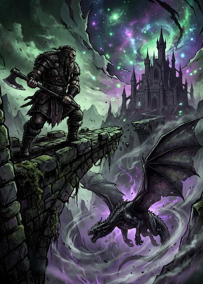 Viking Warrior Facing a Dark Dragon Crossing the Abyss - Guardian's Path