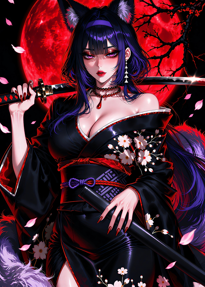 Fox Spirit Samurai Under Red Moon