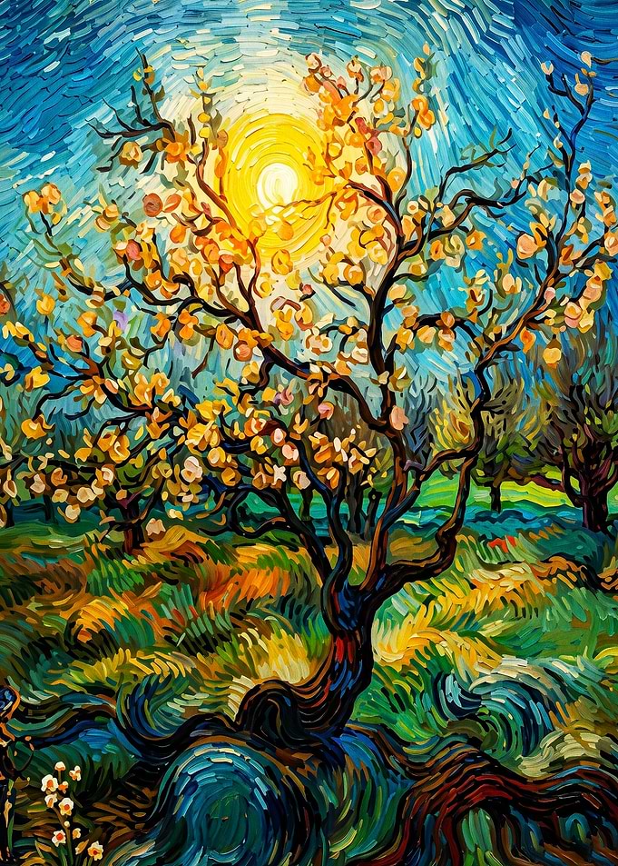 Tree Sun Impasto Oil Painting Art
