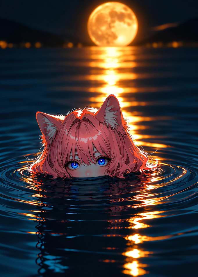 Anime Cat Girl in Moonlit Water