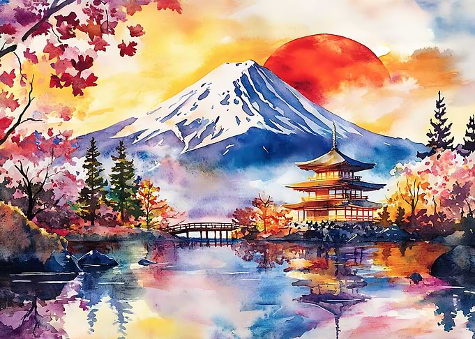 Watercolor Mount Fuji and Pagoda Landscape