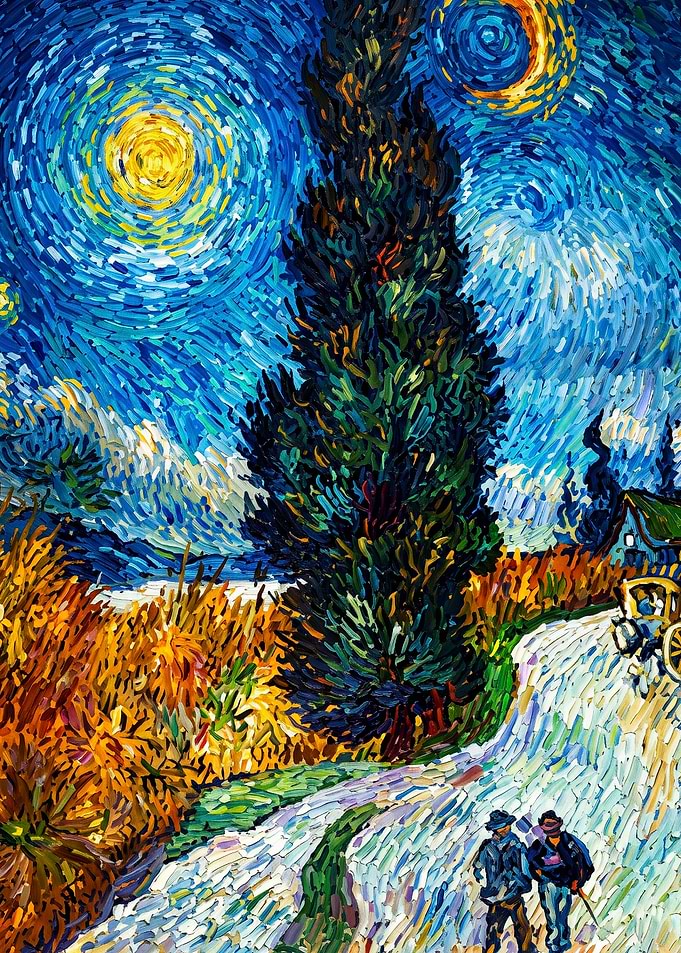 Cypress Tree Night Sky Impasto Art