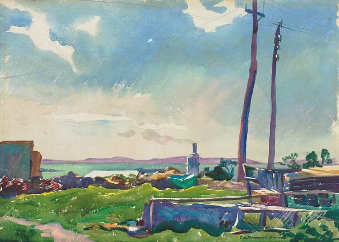 Watercolor Coastal Landscape with Utility Poles