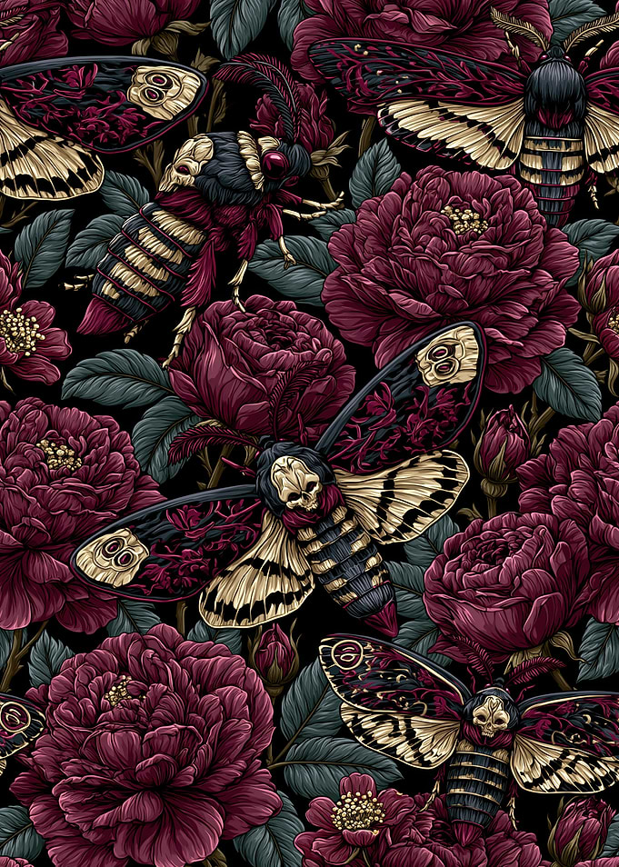 Gothic Death's-Head Moth and Peony Pattern