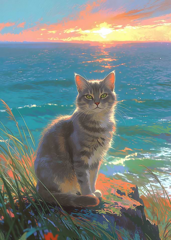 Tabby Cat at Sunset by Ocean