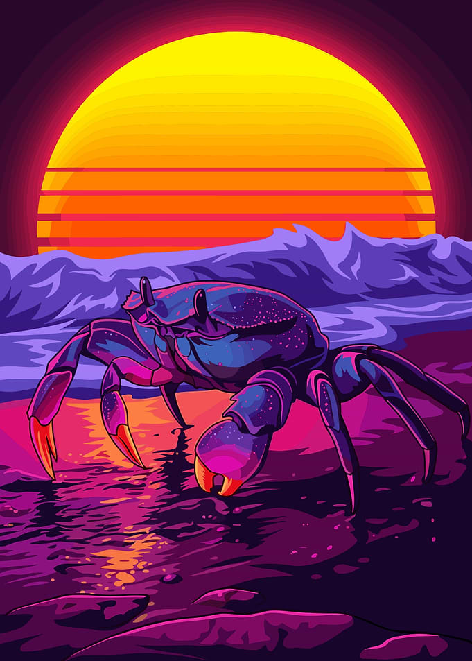 Synthwave Crab on Neon Beach