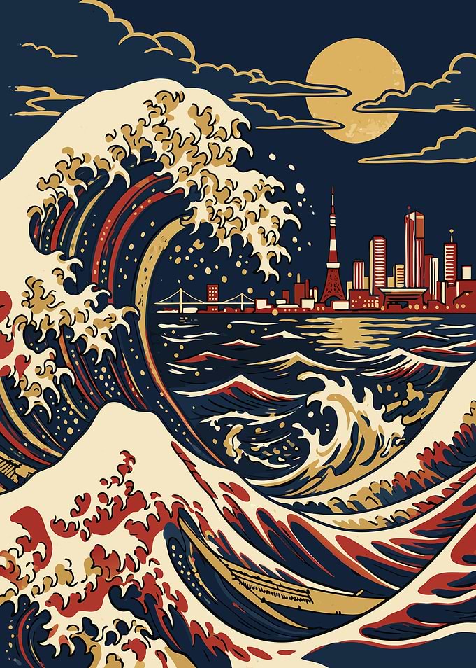 Great Wave Tokyo Cityscape Art