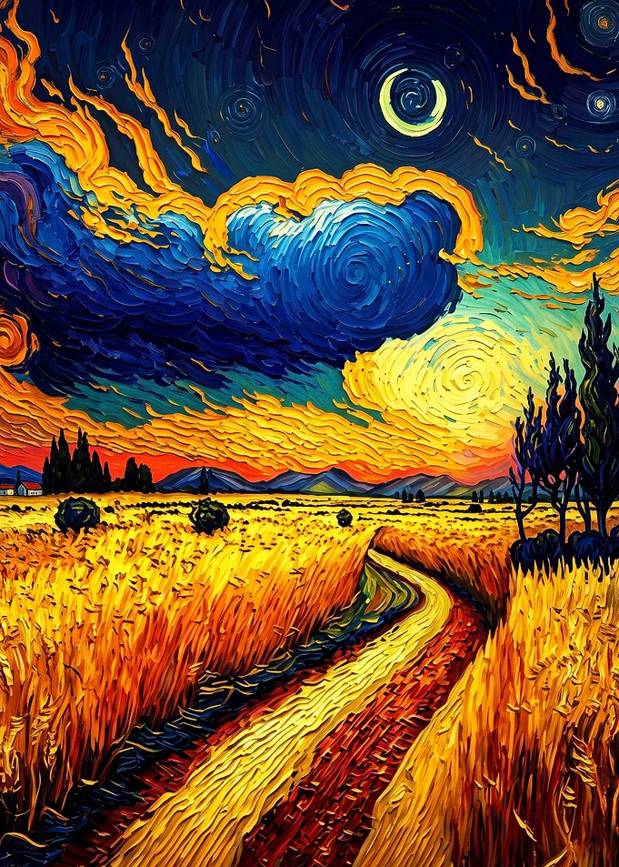 Wheat Field Night Sky Impasto Art