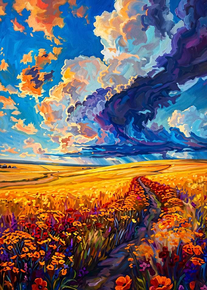 Sunset Meadow Impasto Sky Poster
