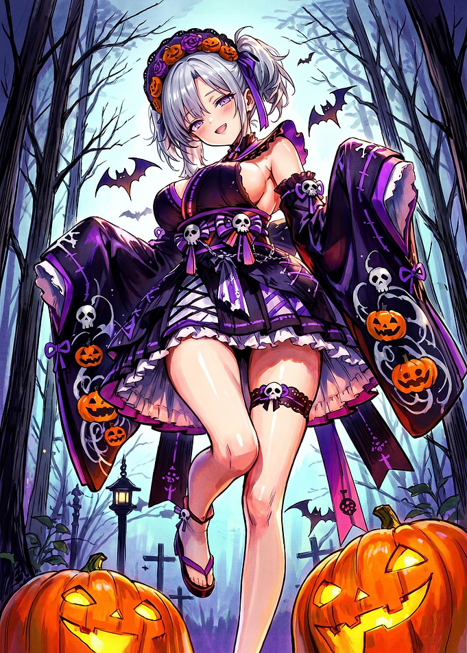 Anime Girl in Halloween Kimono Costume