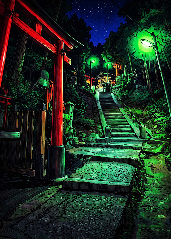 Nighttime Japanese Shrine Staircase