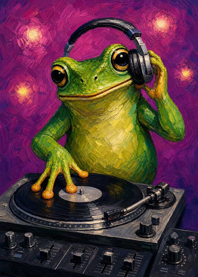 DJ Frog Playing Vinyl Records