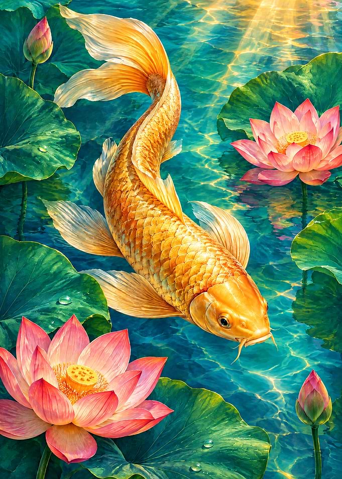 Golden Koi Fish in Lotus Pond
