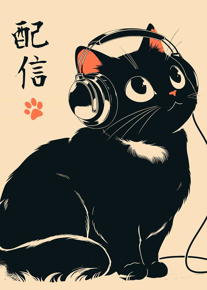 Lofi Beats Black Cat Headphones