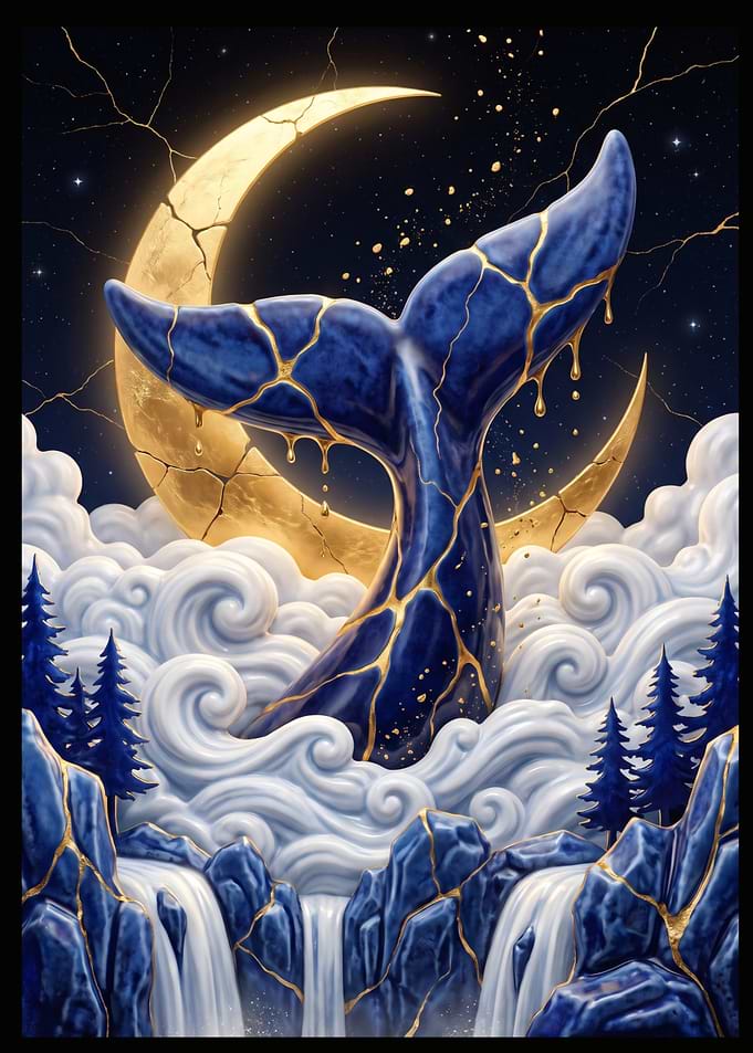 Kintsugi Whale Tail and Golden Moon