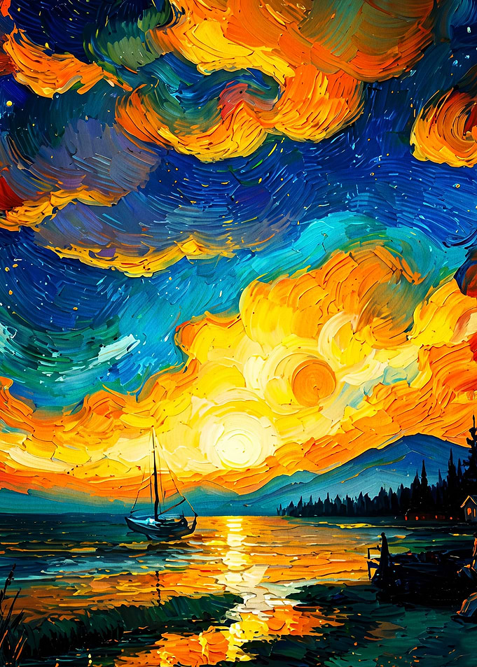 Sunset Sailboat Impasto Oil Art