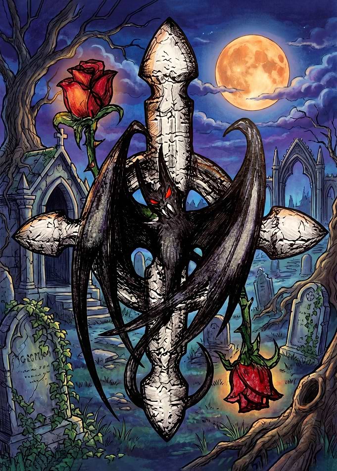 Gothic Bat and Cross Cemetery Scene