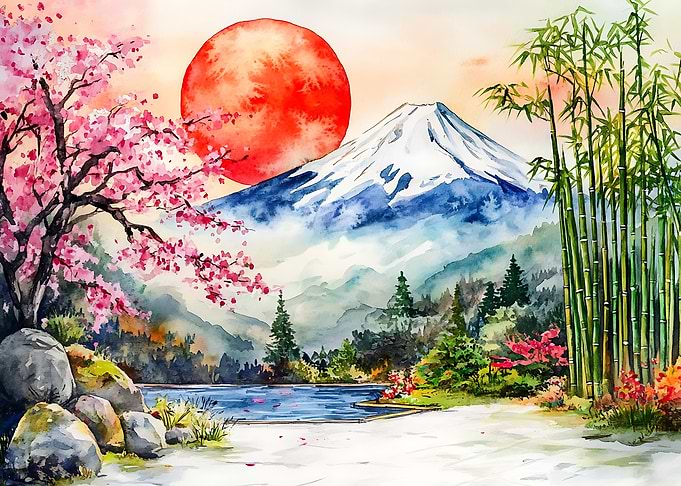 Watercolor Mount Fuji Landscape