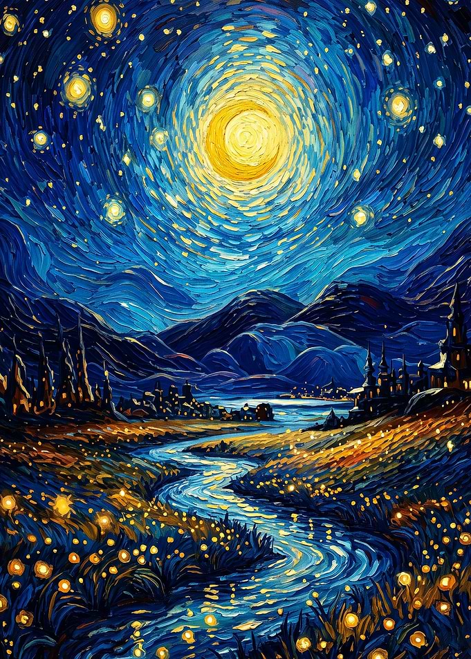 Starry Night River Impasto Art Post