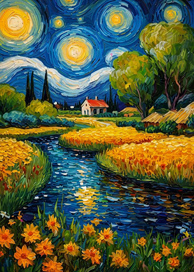 Starry River Cottage Oil Painting