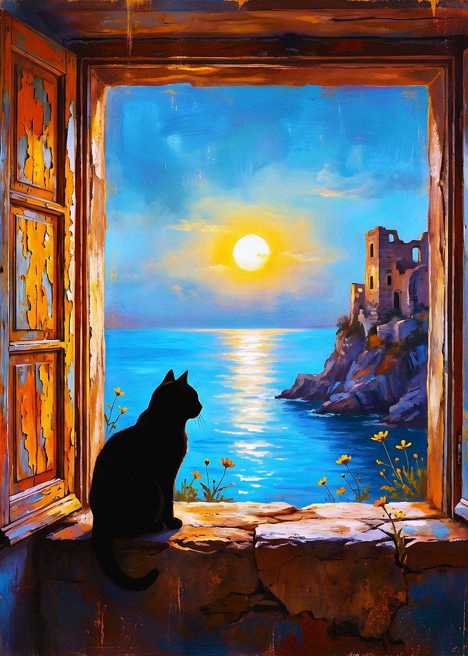 Black Cat Watching Sunset by Sea