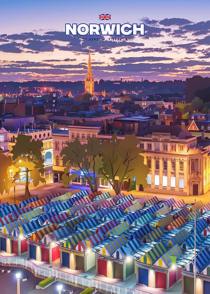 Norwich Market Sunset Travel Poster