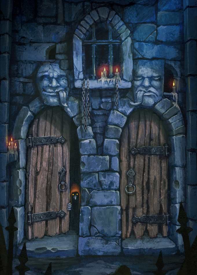Mysterious Figure Peeking from Dungeon Doors