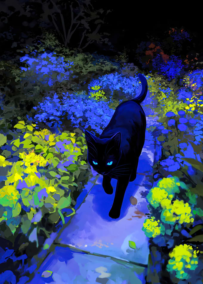 Glowing Black Cat in Night Garden