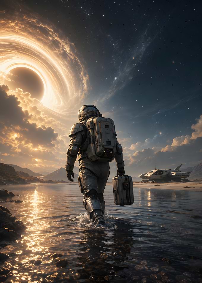 Astronaut Walking Toward Black Hole