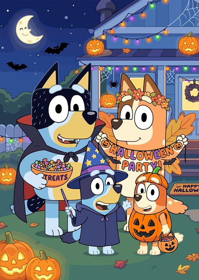Bluey Family Halloween Party Illustration