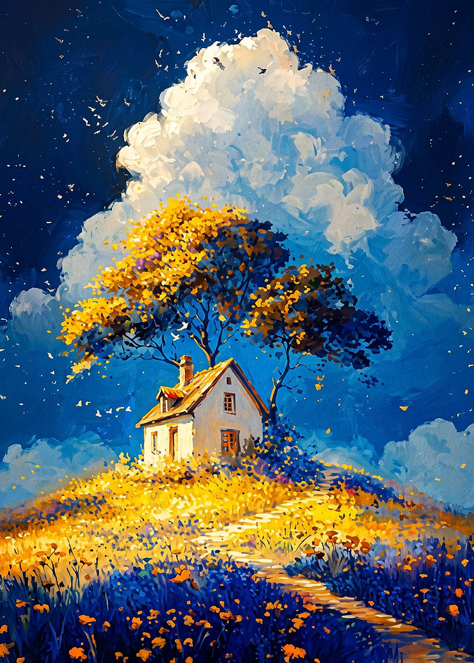 House Hill Tree Cloud Oil Painting