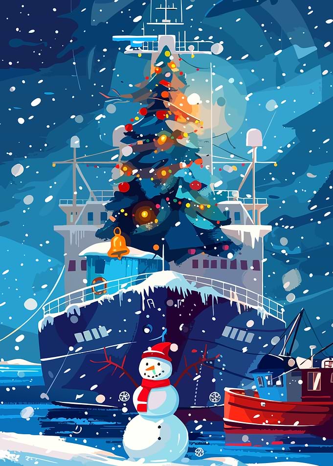 Christmas Ship and Snowman Scene