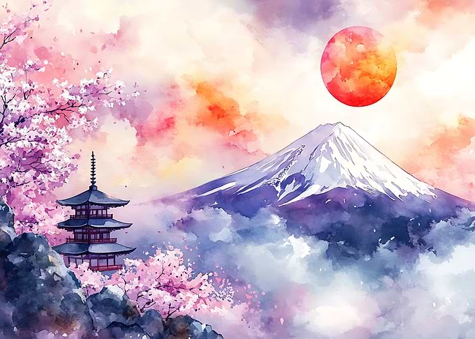 Mount Fuji and Pagoda Watercolor Landscape