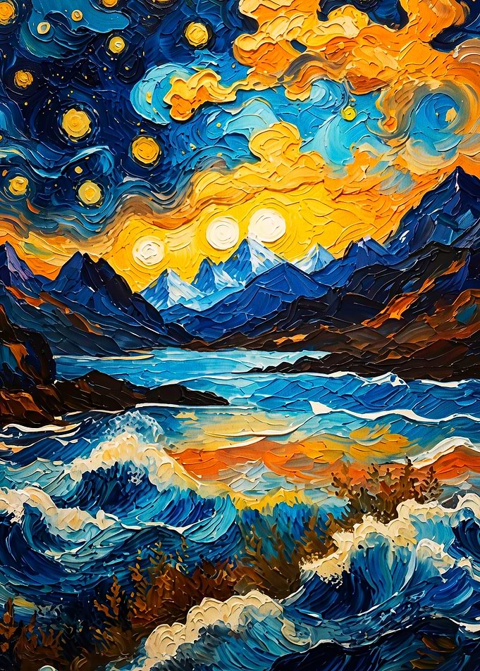 Starry Ocean Mountain Impasto Art