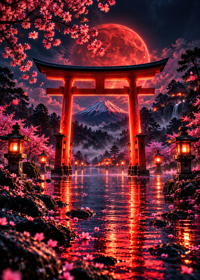 Red Torii Gate Under Blood Moon