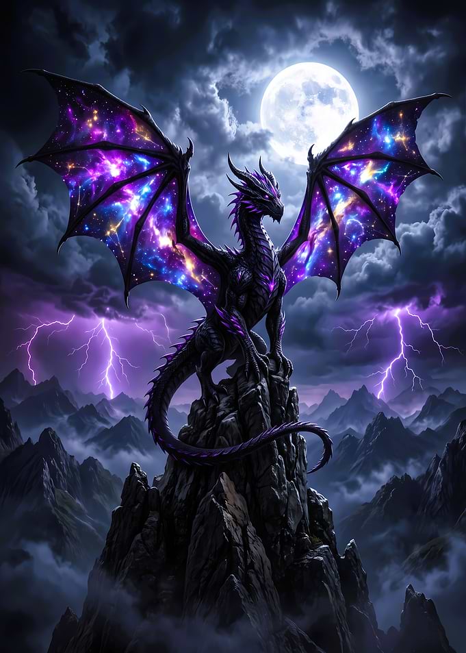 Cosmic Galaxy Dragon on Mountain Peak