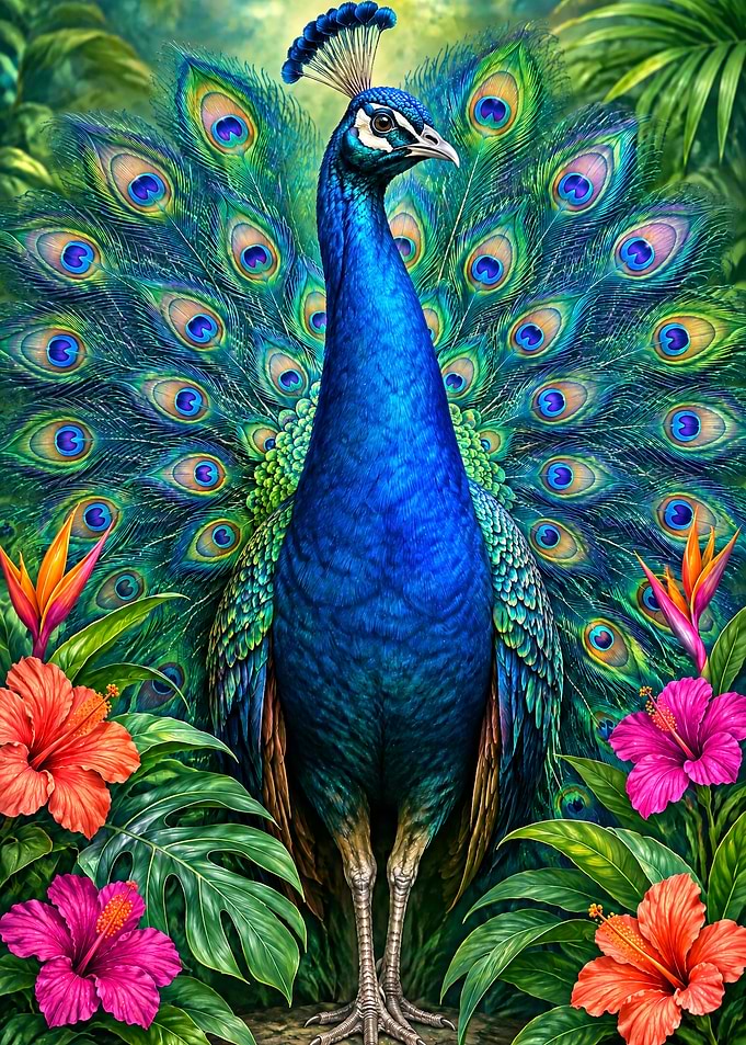 Majestic Peacock in Tropical Garden