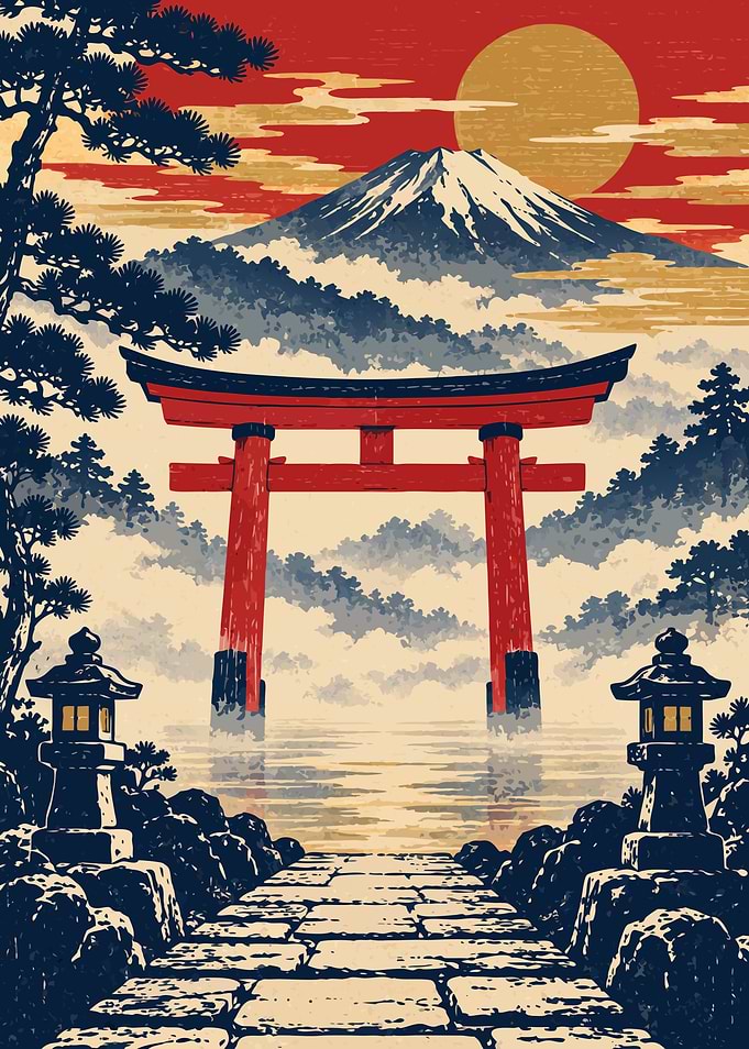 Red Torii Gate in Morning Mist – Japanese Ukiyo-e Woodblock Art Print