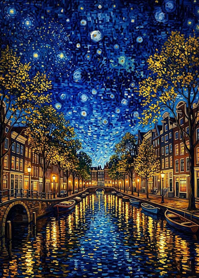 Amsterdam Canal Night Impasto Art