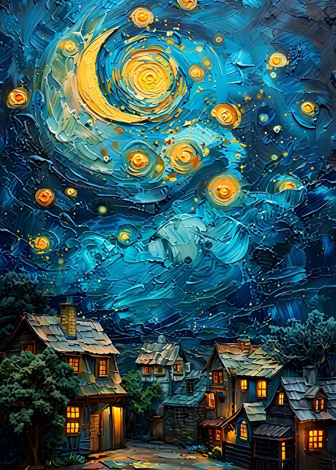Starry Night Town Impasto Oil Art
