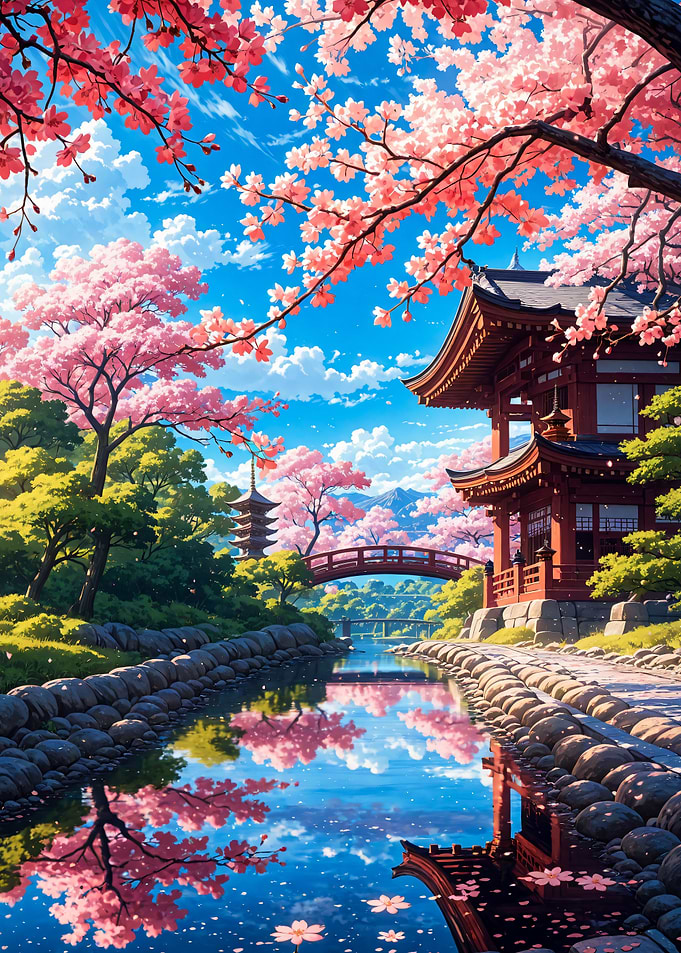 Serene Japanese Temple with Cherry Blossoms