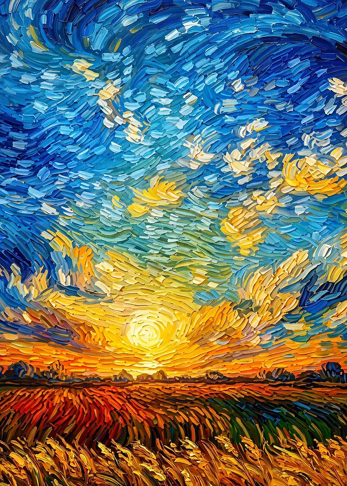 Sunset Wheatfield Impasto Oil Art