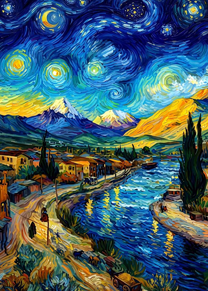 Starry Night Mountain River Art