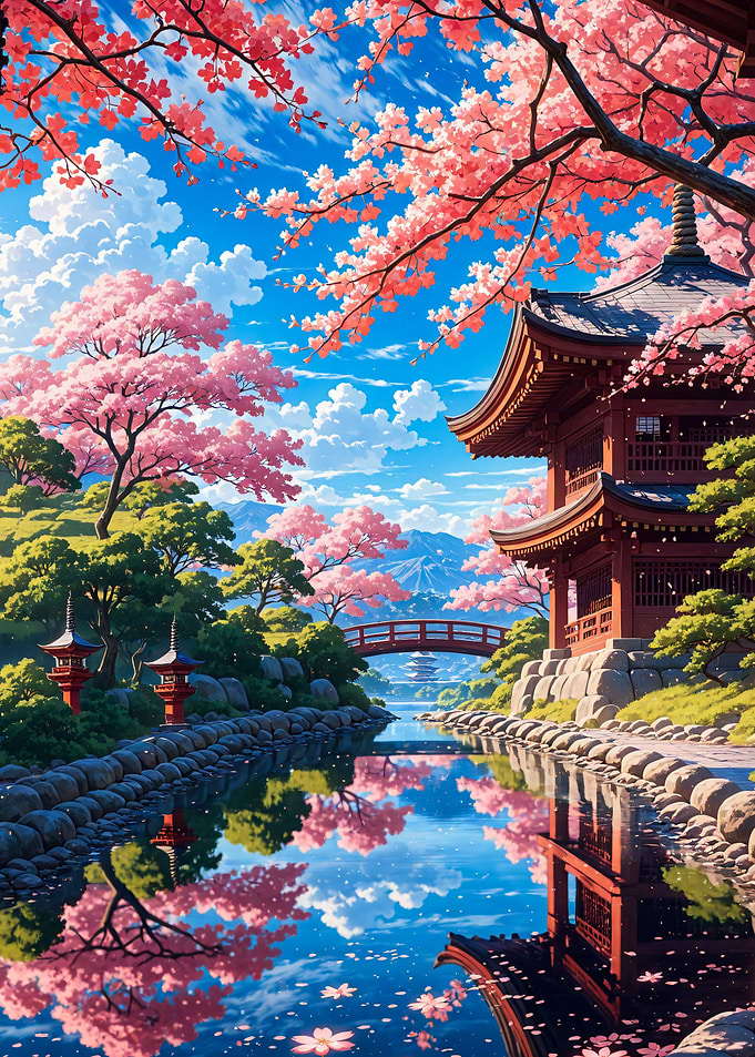 Serene Japanese Temple with Cherry Blossoms Landscape