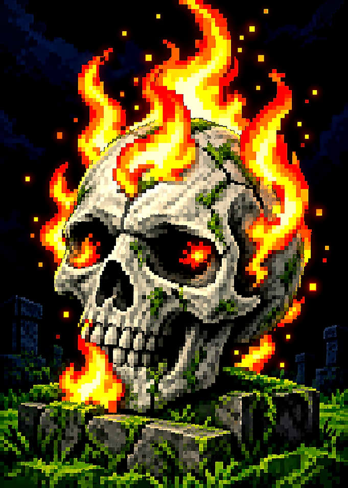 Pixel Art Flaming Skull