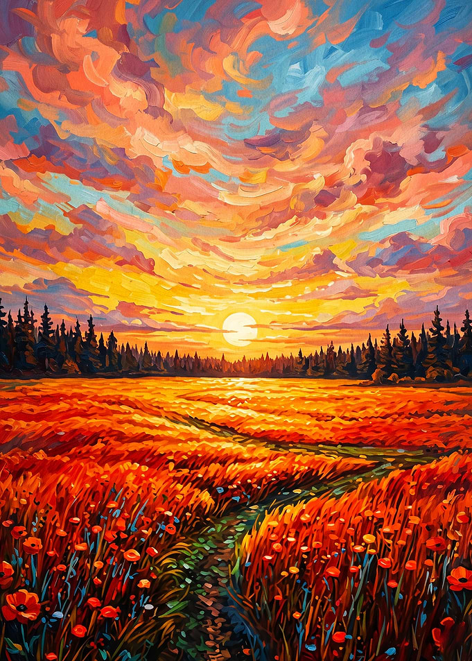 Sunset Meadow Impasto Oil Painting