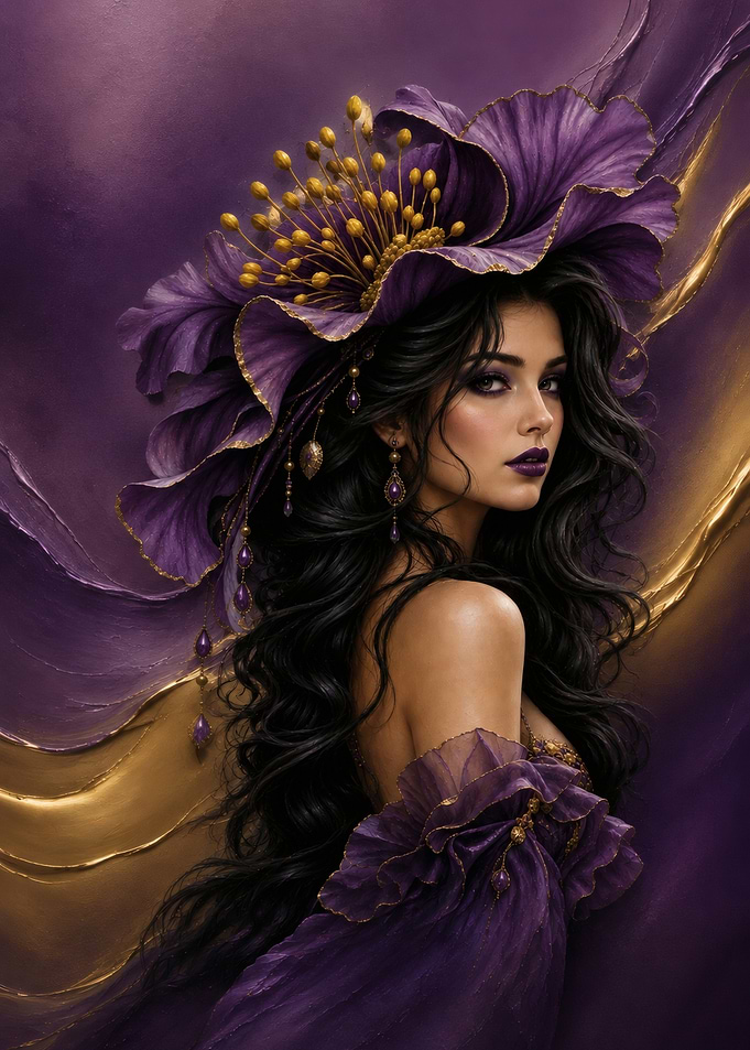 Elegant Woman with Purple Floral Headdress