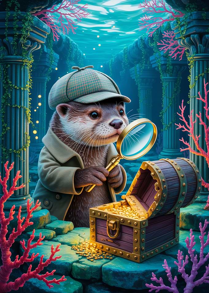 Cute Explorer Otter with Magnifying Glass and Treasure Chest in a Magical Underwater Ruins