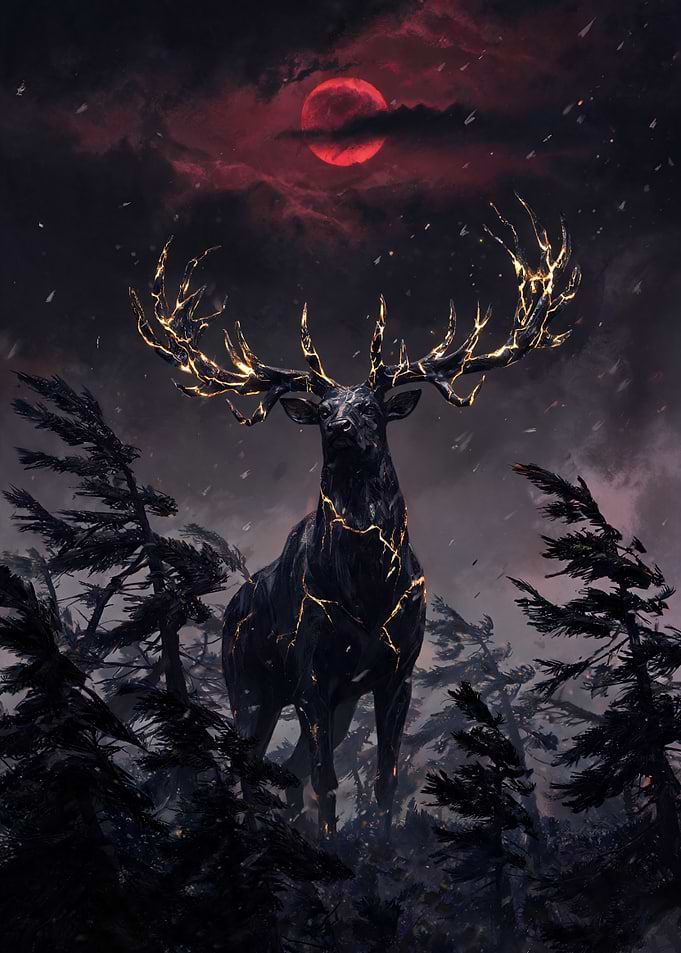 Majestic Obsidian Stag Under Blood Moon