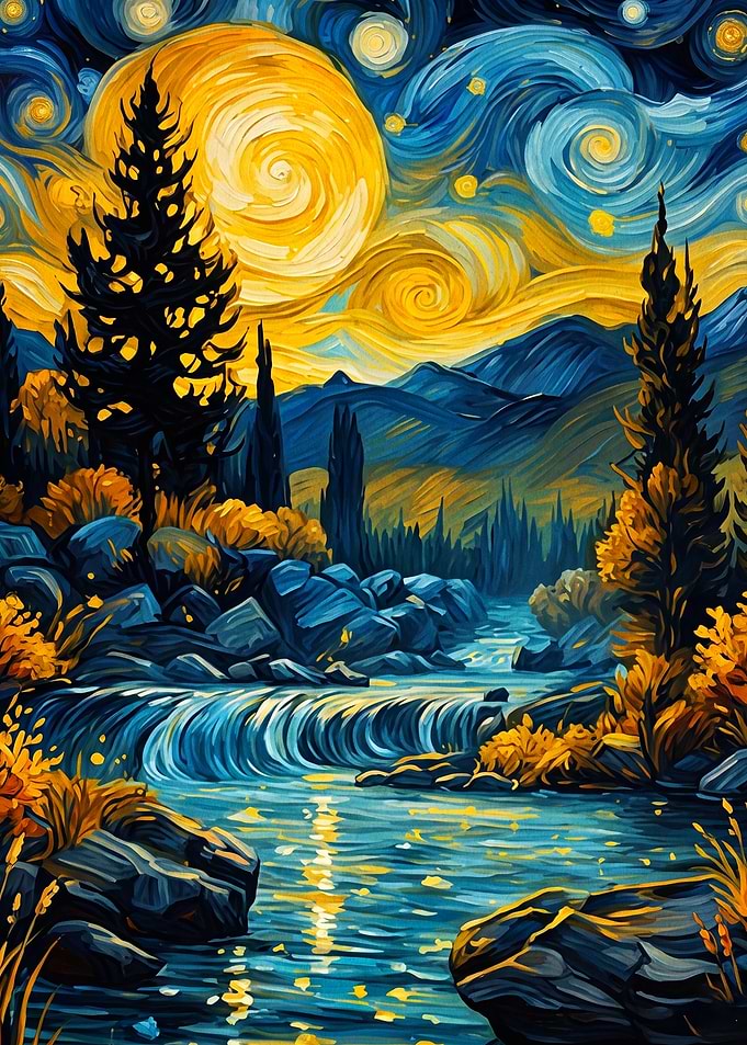 Starry River Landscape Impasto Art